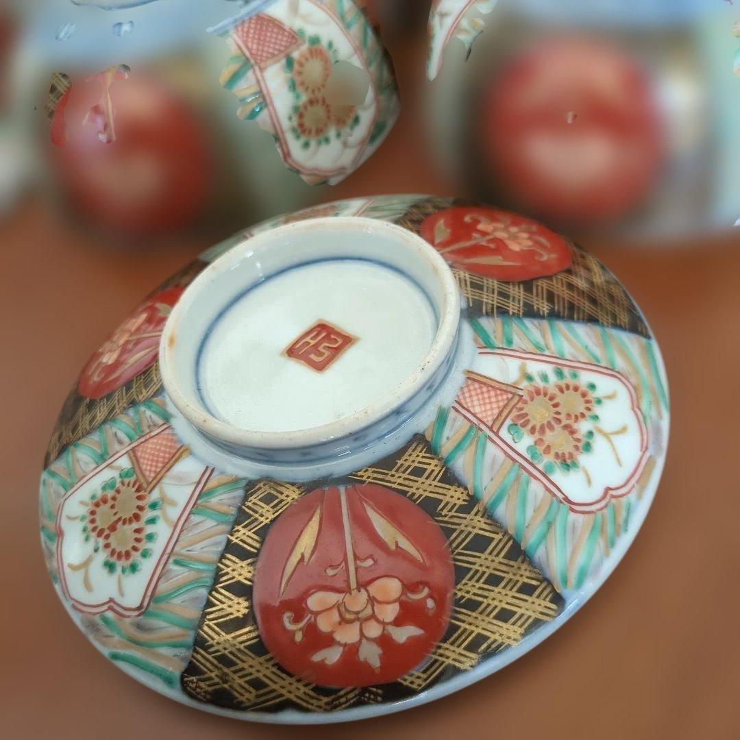 骨董 伊万里 蓋付き お茶碗 碗 色絵 錦手 アンティーク 5つ〜