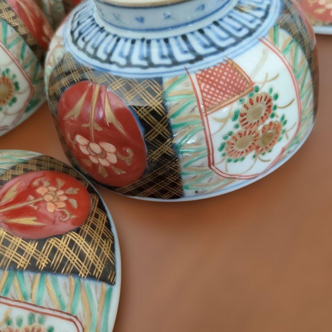 骨董 伊万里 蓋付き お茶碗 碗 色絵 錦手 アンティーク 5つ〜