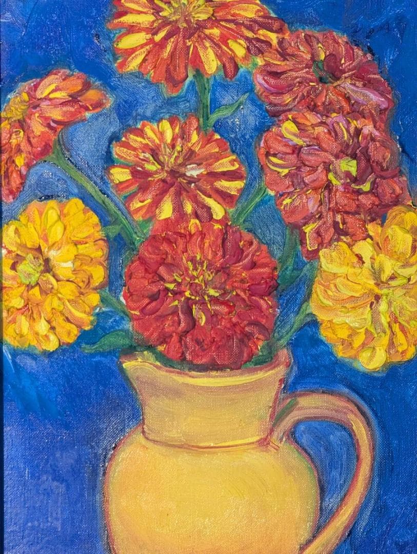 【真作】絵画　油彩4号　彩りの饗宴　花瓶に咲く華　鮮烈な赤と黄の花々　Y136