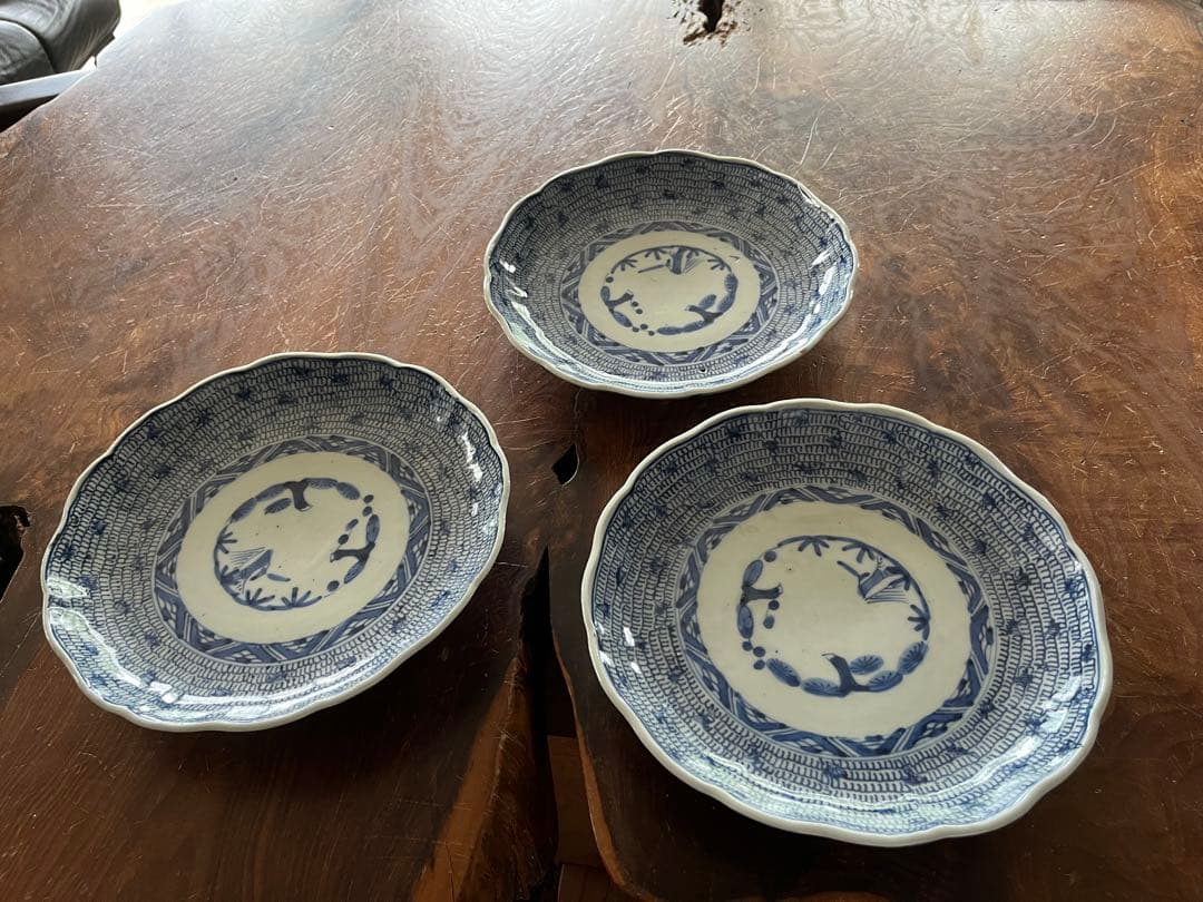 古伊万里 微塵唐草染付7寸3枚セット（太明成化年製）