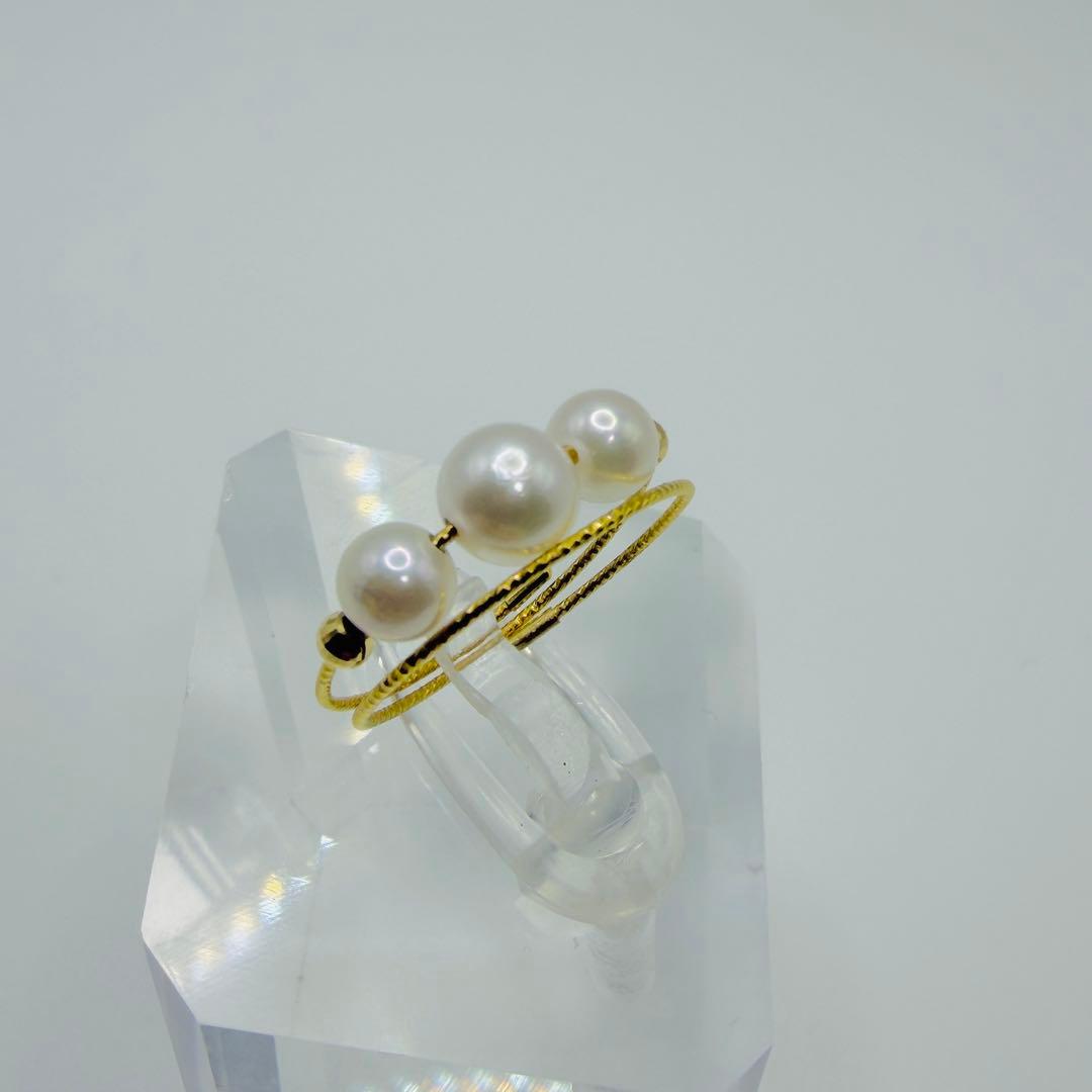 【新品】K18 アコヤ真珠 リング 3珠 フリーサイズ 伊勢志摩 真珠屋さん