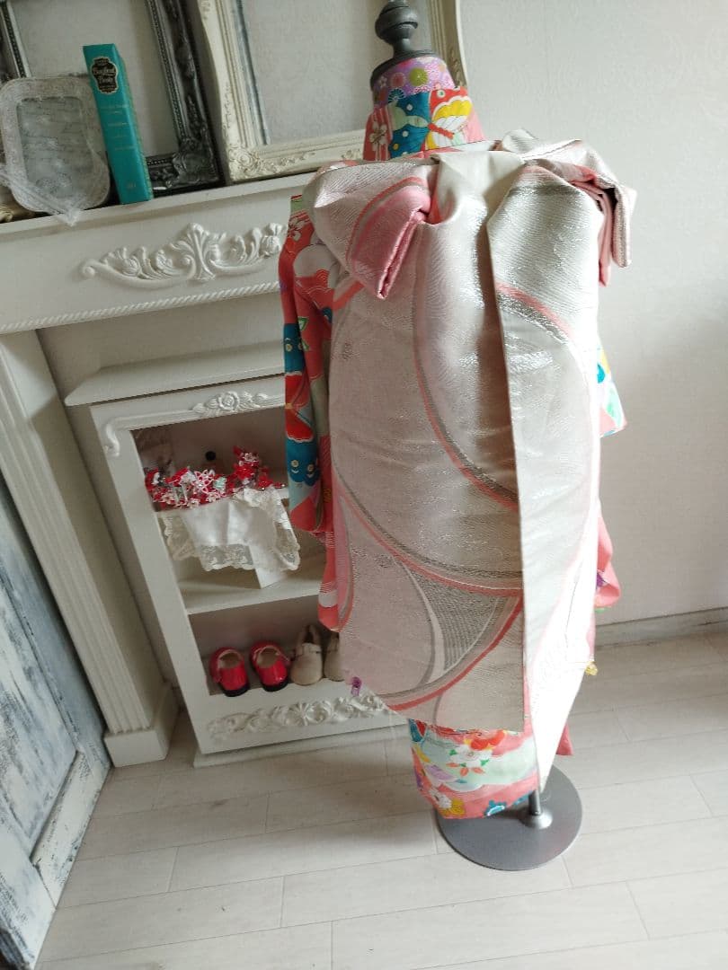 二部式 作り帯 振袖 成人式 正絹 袋帯 シルバー ピンク 正絹大人用袋帯