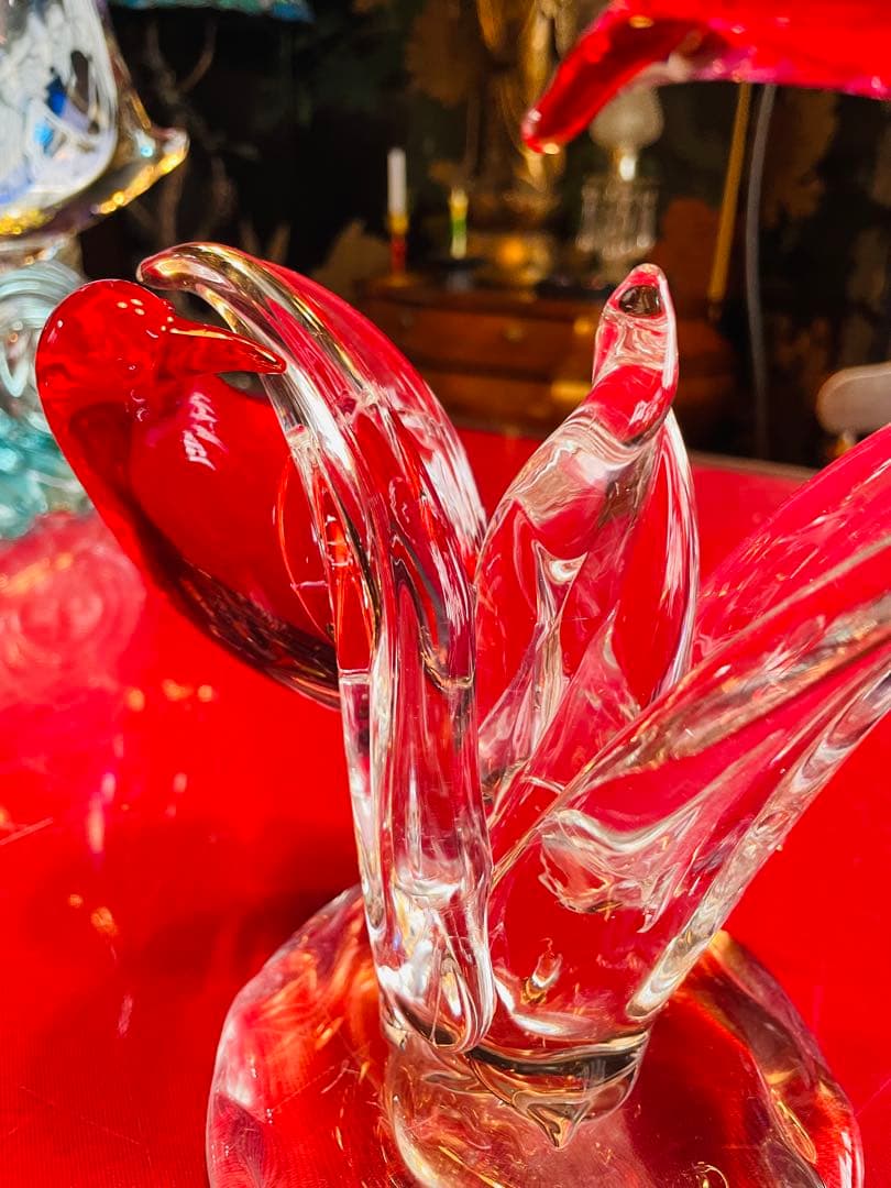 美品】赤色 レッドガラス 小鳥 彫刻 置物 インテリア アンティーク