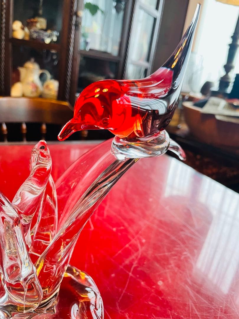 美品】赤色 レッドガラス 小鳥 彫刻 置物 インテリア アンティーク