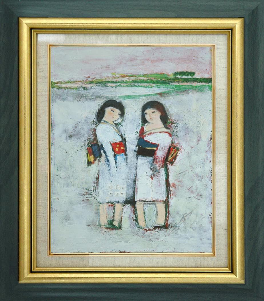 油絵 菅家令子 絵画インテリア額付(青緑＋金色の枠)uF6-071402雪国 女