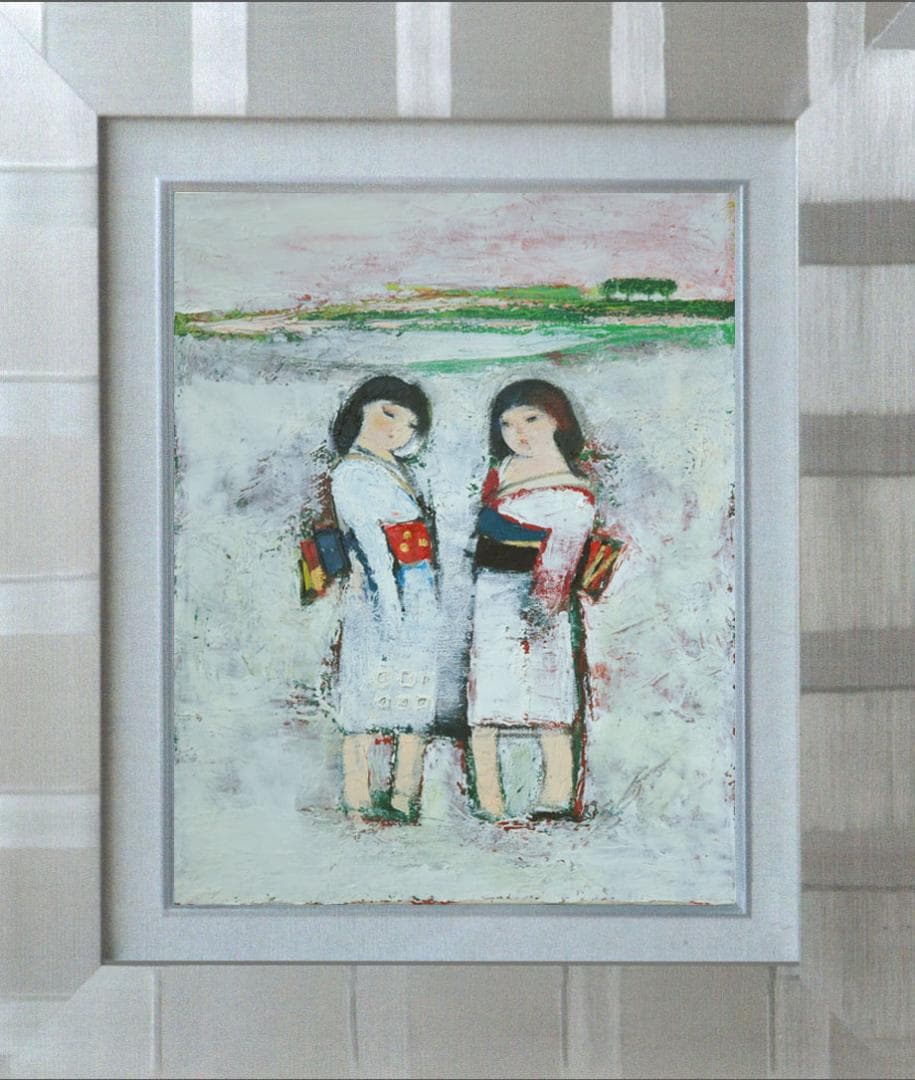 油絵 菅家令子 絵画インテリア額付(青緑＋金色の枠)uF6-071402雪国 女