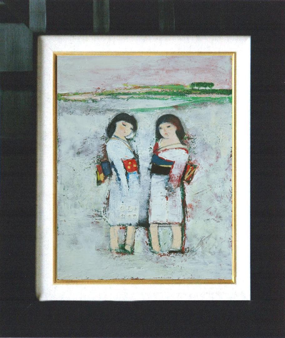 油絵 菅家令子 絵画インテリア額付(青緑＋金色の枠)uF6-071402雪国 女