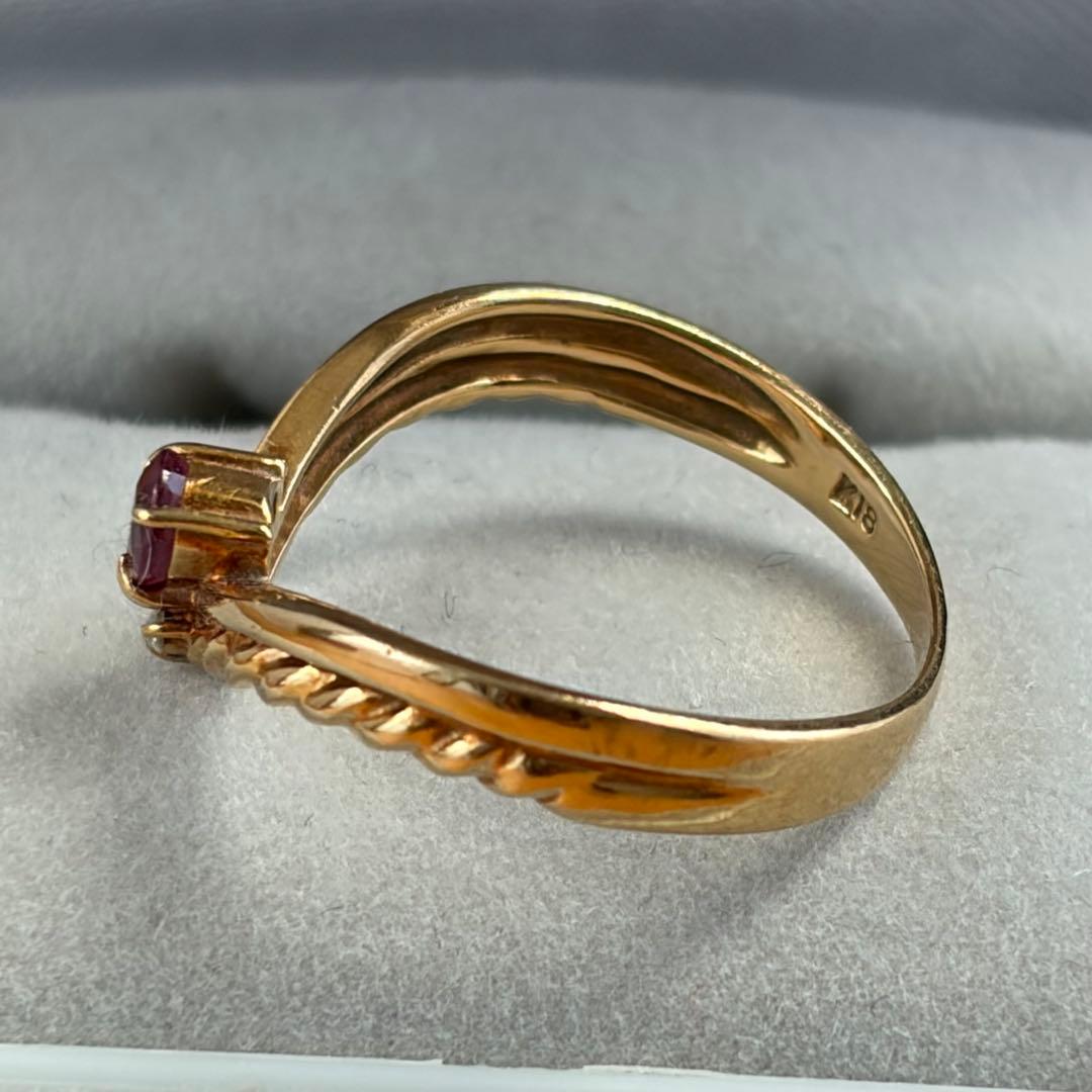 ルビー ダイヤモンド ゴールドリング 7号 K18 2.0g V字ツイスト