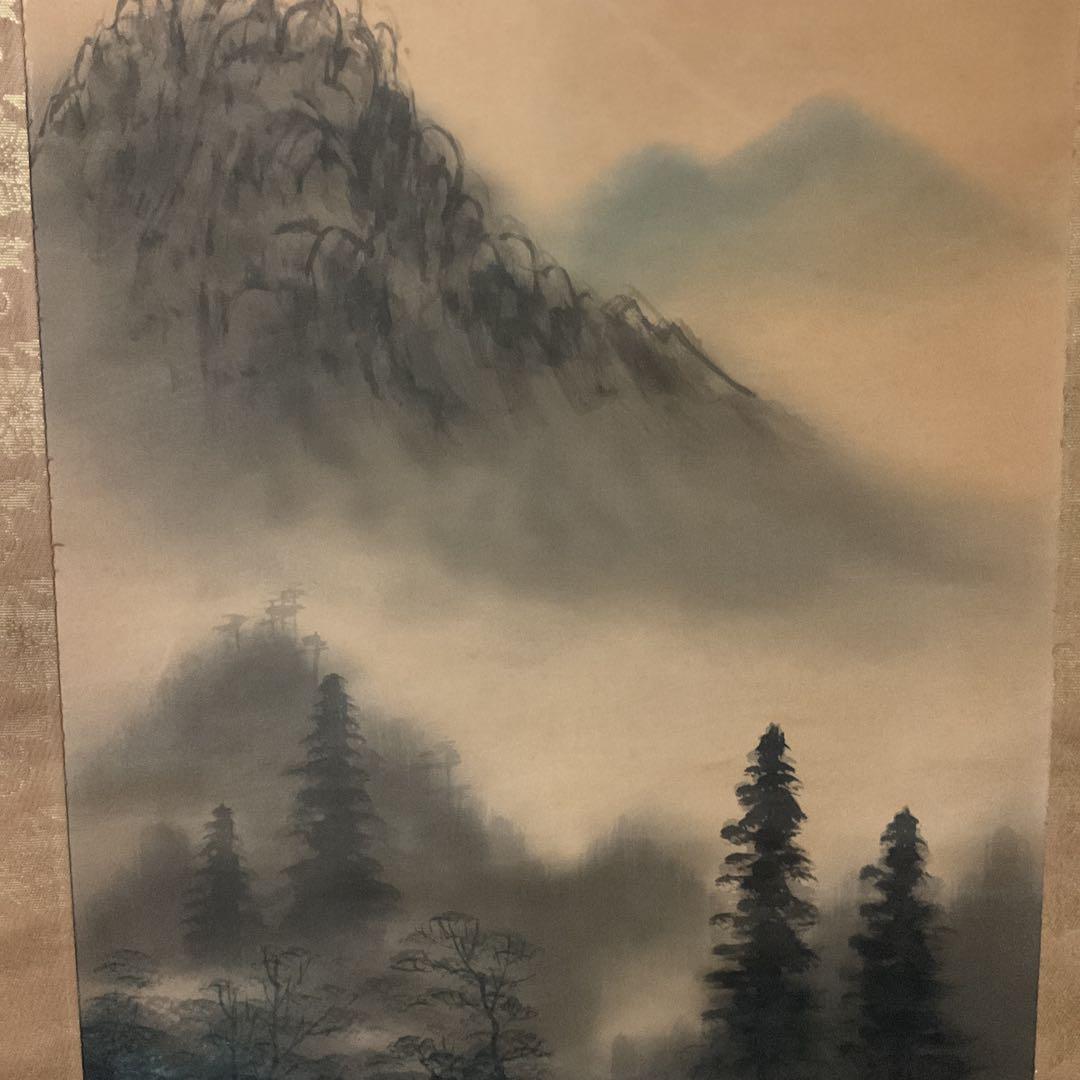 靖 観 筆 絹本彩色画山水図 長閑な山間の風景画 桐箱