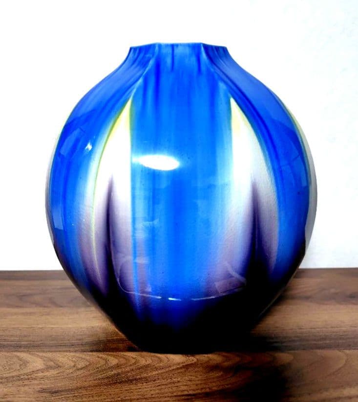 九谷焼　柴田博　高さ28cm　流彩面取　花入　釉彩