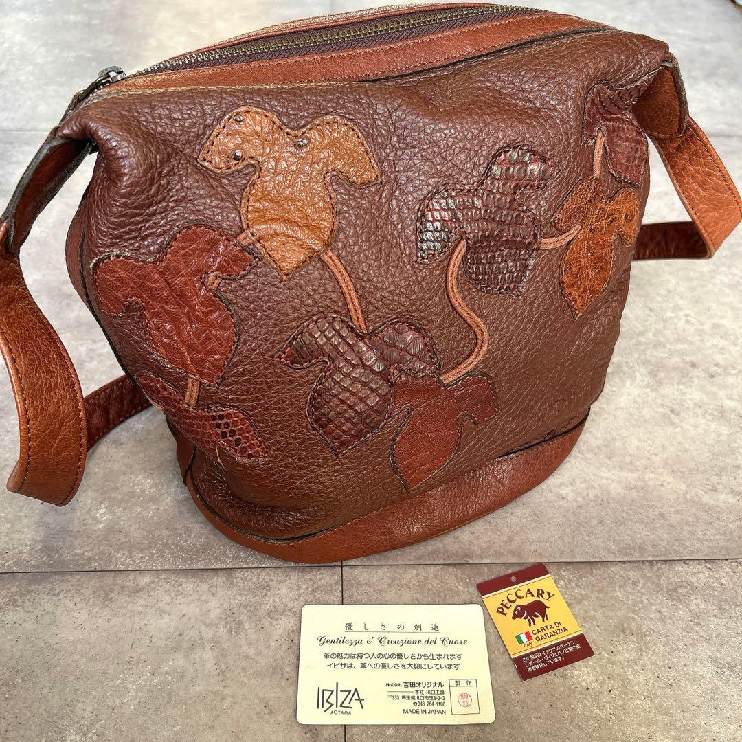 希少　IBIZA ペッカリー　パッチワーク　ショルダーバッグ　葉　本革