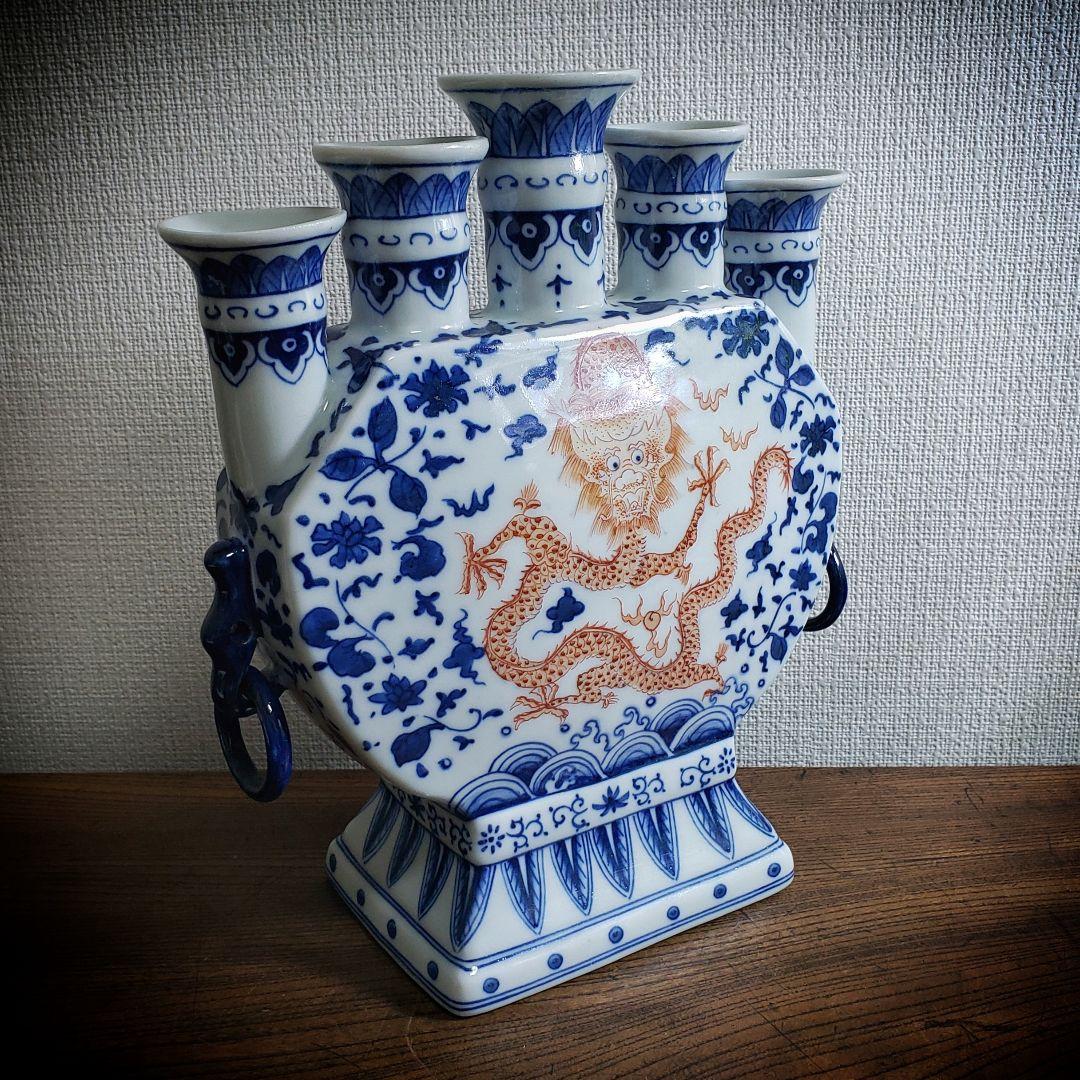 大清乾隆年製 五連多口花瓶 染付 龍紋 中国 花器 花生 - メルカリ