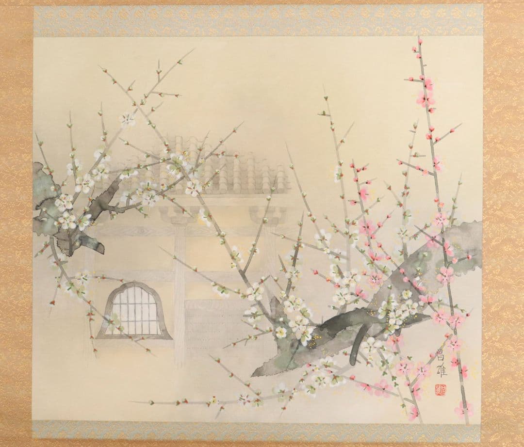 【真作】日本画 宮本昌雄「梅の寺」絹本 掛け軸 木箱 横物 MA434