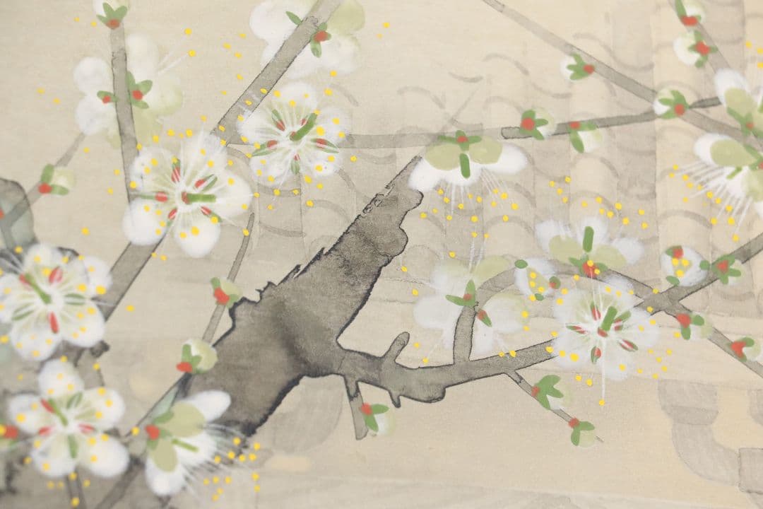 【真作】日本画 宮本昌雄「梅の寺」絹本 掛け軸 木箱 横物 MA434