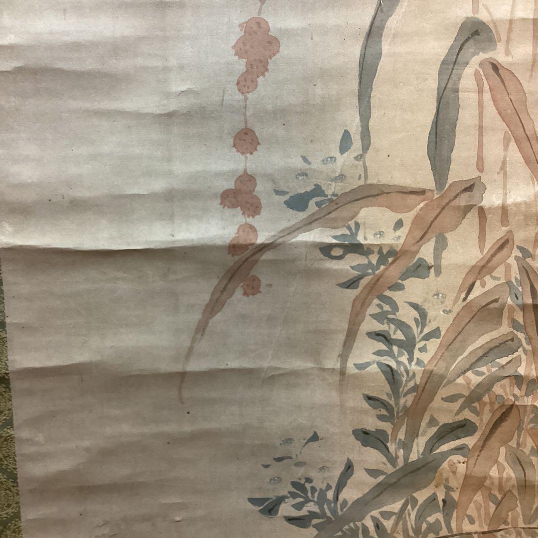 柳澤淇園紙本彩色画茶掛軸【粟に鶉図】肉筆画模写NO39