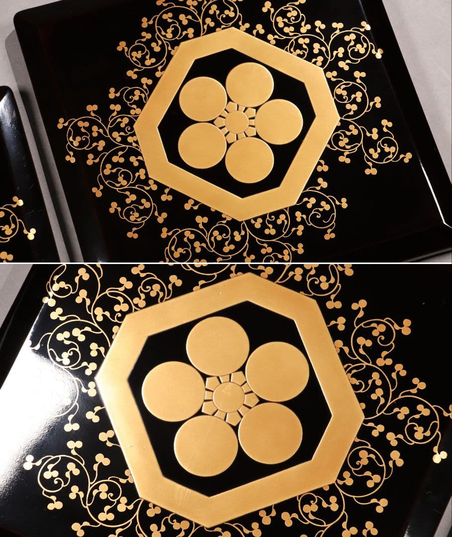 M486 輪島塗 八重門彦助 梅鉢家紋 蔦 宝尽くし金蒔絵 黒塗五段重