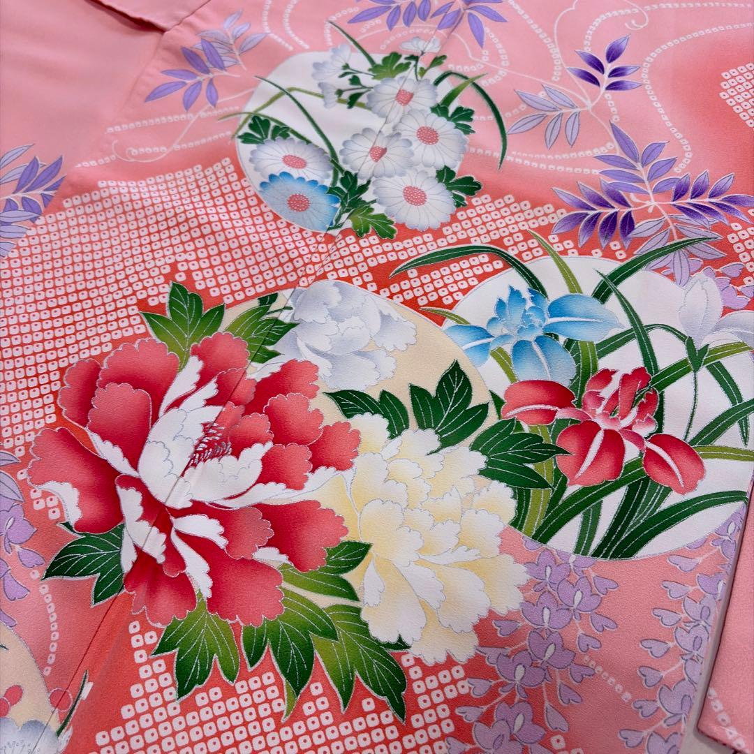 □E5322□美品□正絹□珊瑚色 藤に花尽くし 袷 振袖