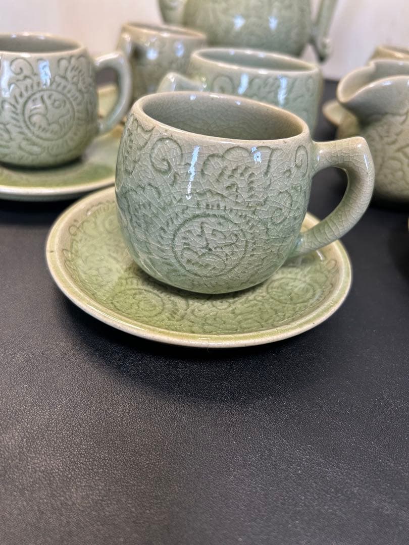 未使用保管品青磁タイセラドン焼きセット 旧家蔵出し、掘出し物、お茶