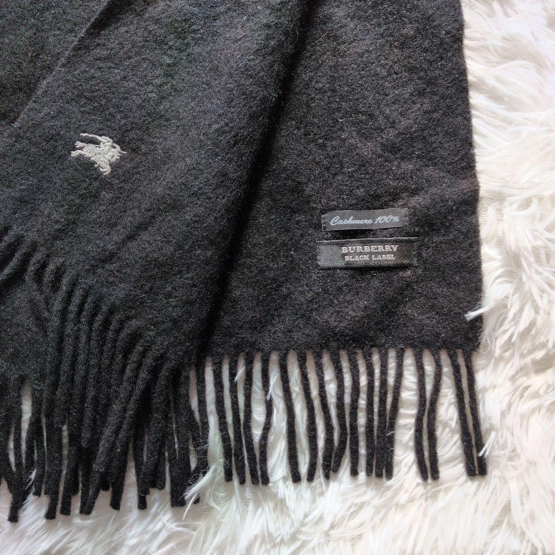 Burberry カシミヤ100%マフラー ブラック無地 ホースロゴ刺繍 男女