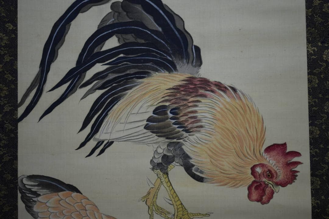 模写/松村景文/双鶏之図/桐題箱二重箱付/布袋屋掛軸HG-82