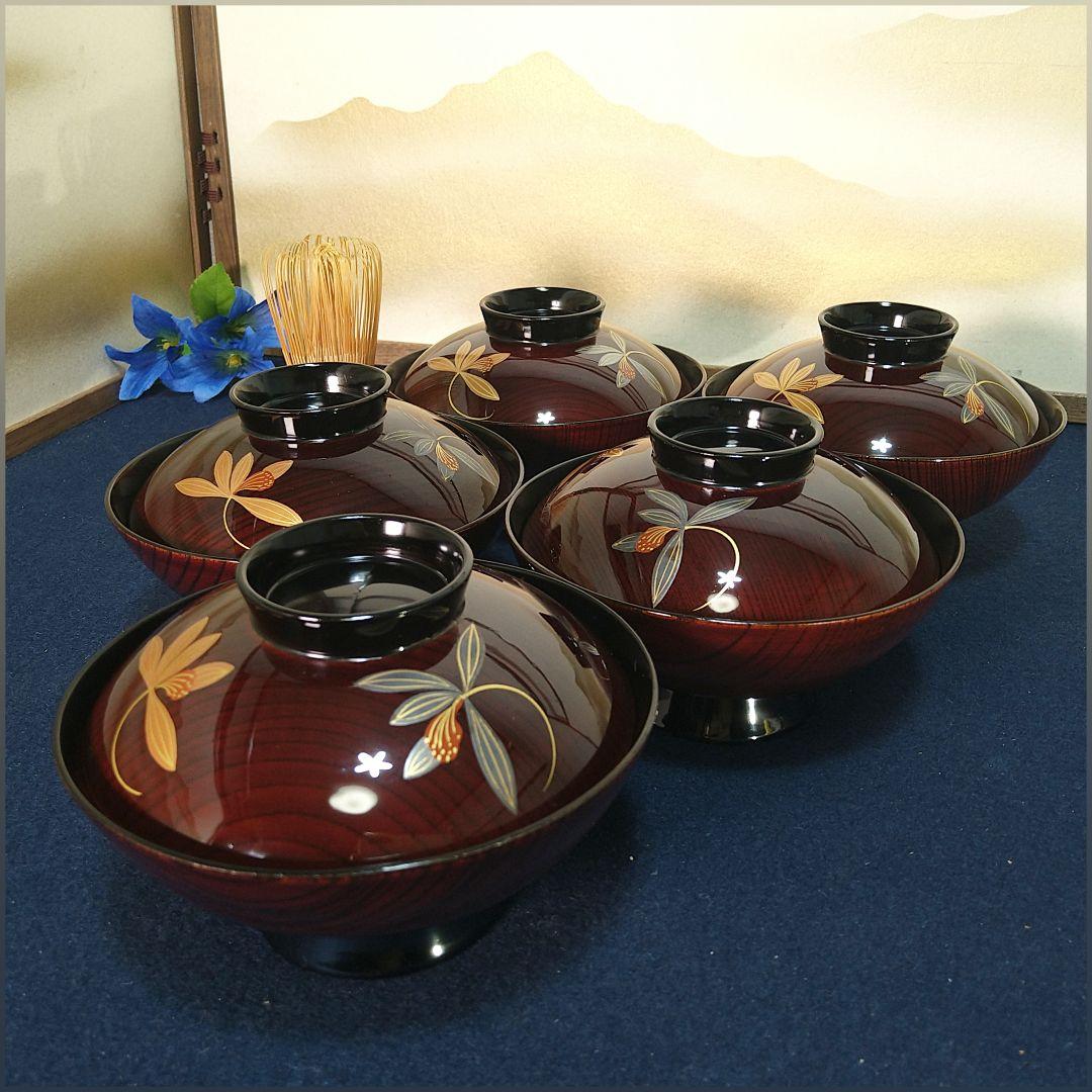 AH14 輪島塗 欅製 吸物椀五客 蓋付椀 木製漆塗 金蒔絵