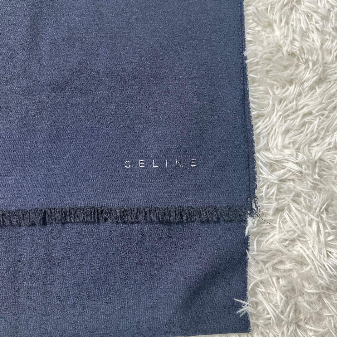 希少 CELINE ネイビー マフラー ストール フリンジ付き Cマカダム柄