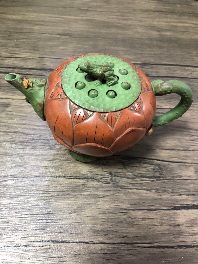 中国 紫砂 朱泥 鳥果実雕 急須 茶壷 蛙 蓮花