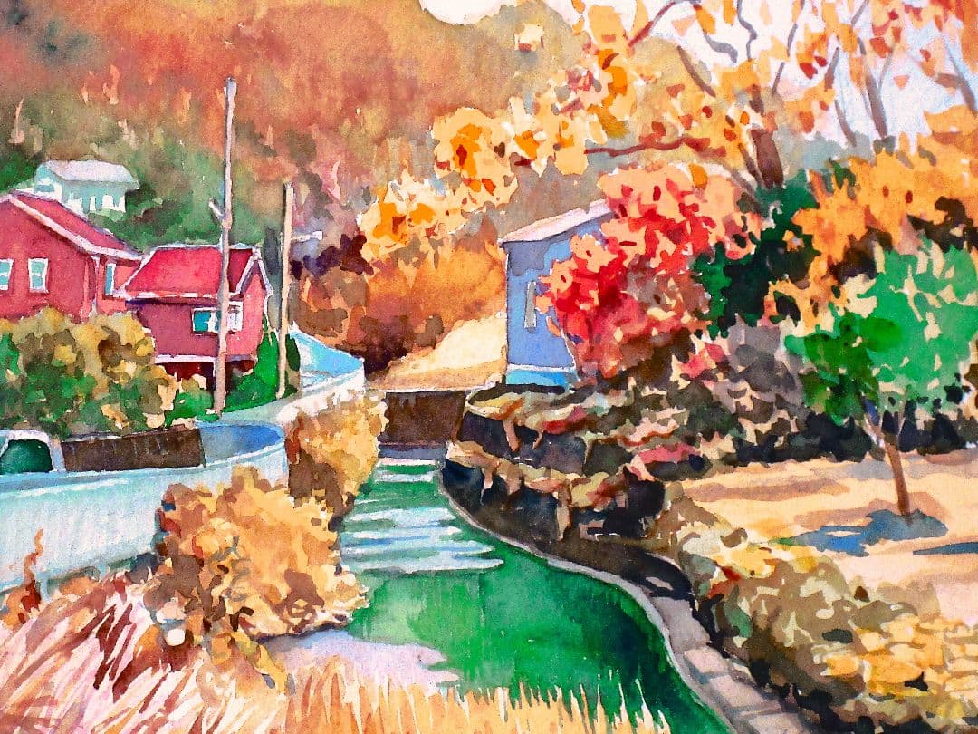 秋の風景 水彩画 フレーム付き F6サイズ