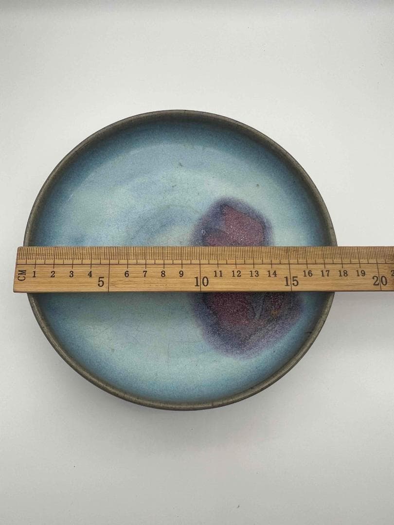宋時代 青磁 鈞窯青釉飛紫紅斑盤 【旧家蔵出し】 窯変釉 辰砂皿(E-93
