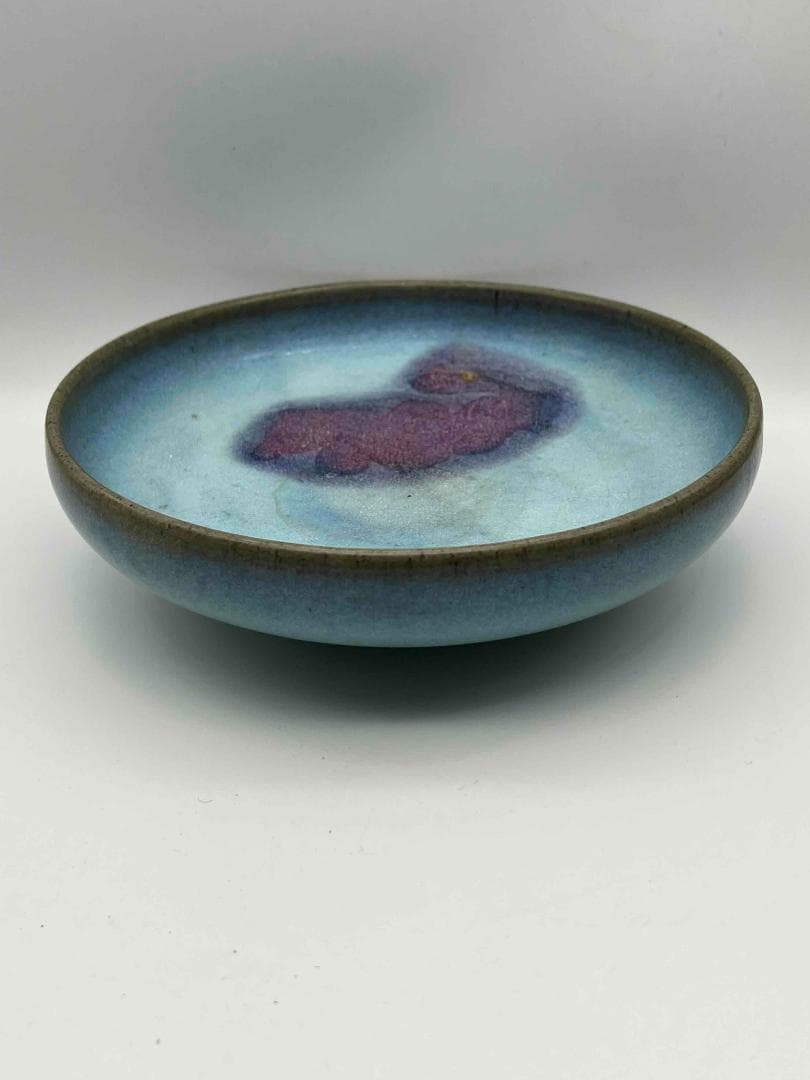 宋時代 青磁 鈞窯青釉飛紫紅斑盤 【旧家蔵出し】 窯変釉 辰砂皿(E-93