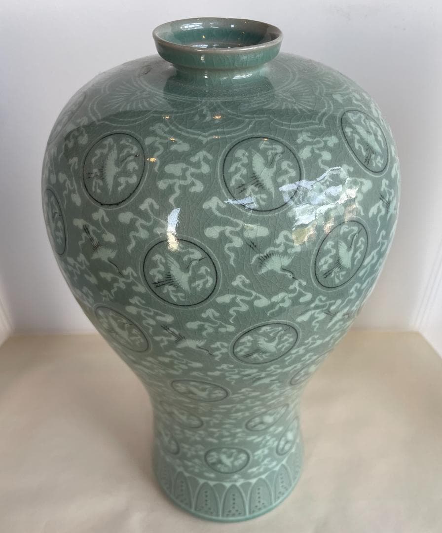 高麗時代 青磁象嵌『蓮花文』 梅瓶 大型飾壺 高さ30.5cm 花器 華道具