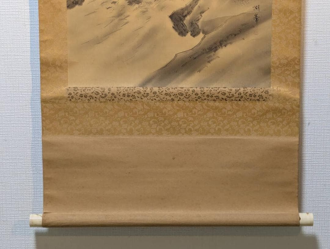 【真作】掛軸　山水渓流図　墨画山岳風景　橋と渓谷　古美術　時代書画　U4