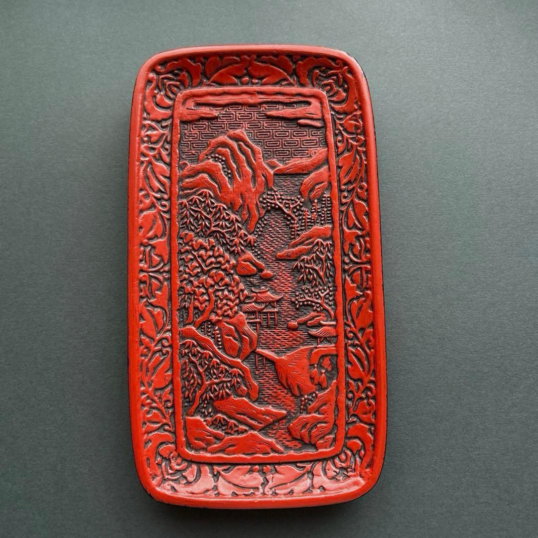 仙台堆朱 ペン皿 漆器 漆塗 山水彫 工芸品 赤い漆器 浮彫り風景皿