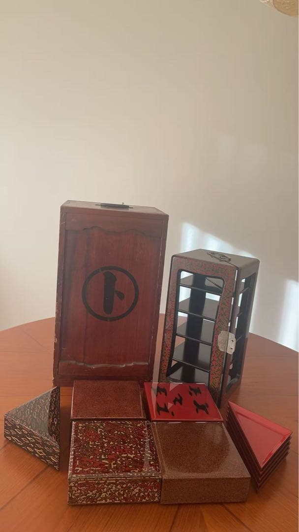 蒔絵 五段重箱 収納箱付 変わり形 菱形・三角皿 組重 漆器 古美術 木製