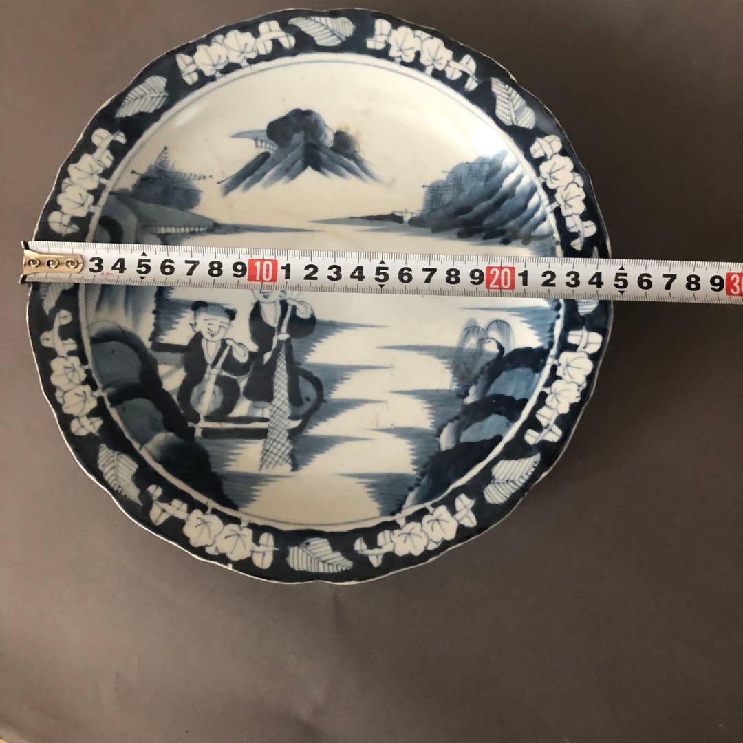 古染扇型山水人物紋皿5点送料込み250115