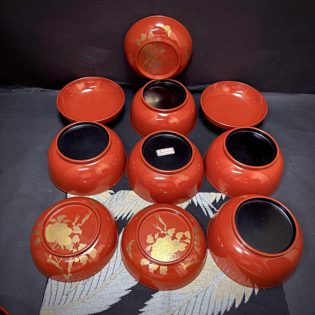 漆器輪島塗蒔絵木製朱蓋付椀お煮物椀吸物椀10客骨董品