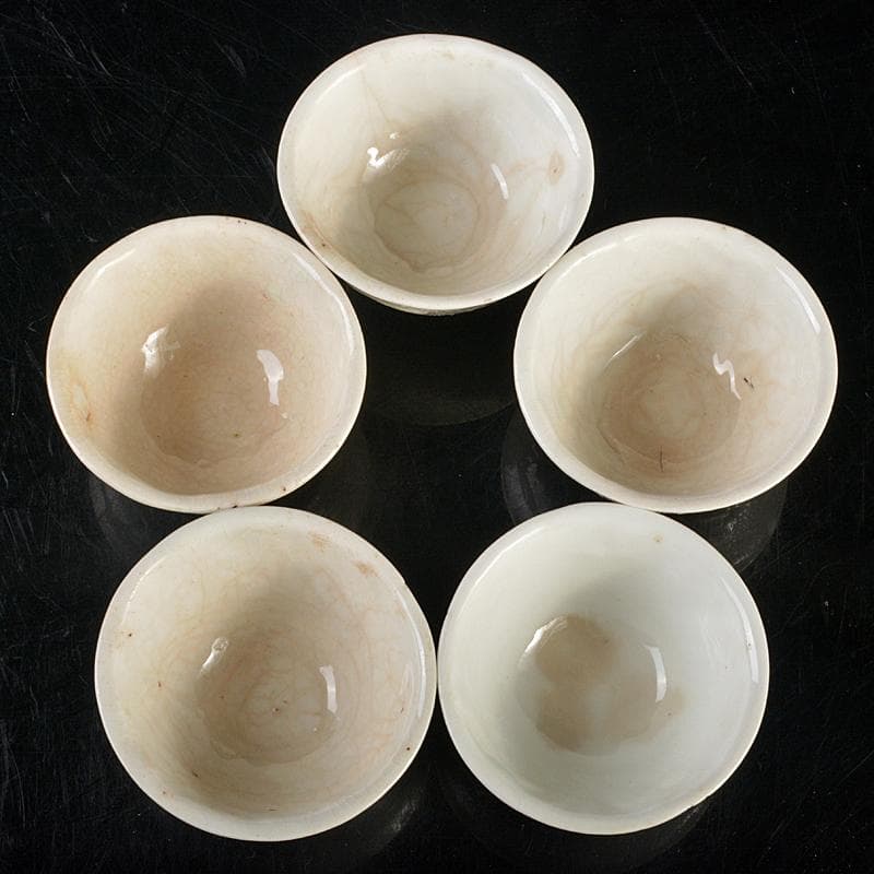 白高麗 徳化窯 陽刻 桜閣山水文 煎茶碗 五客 仕覆・