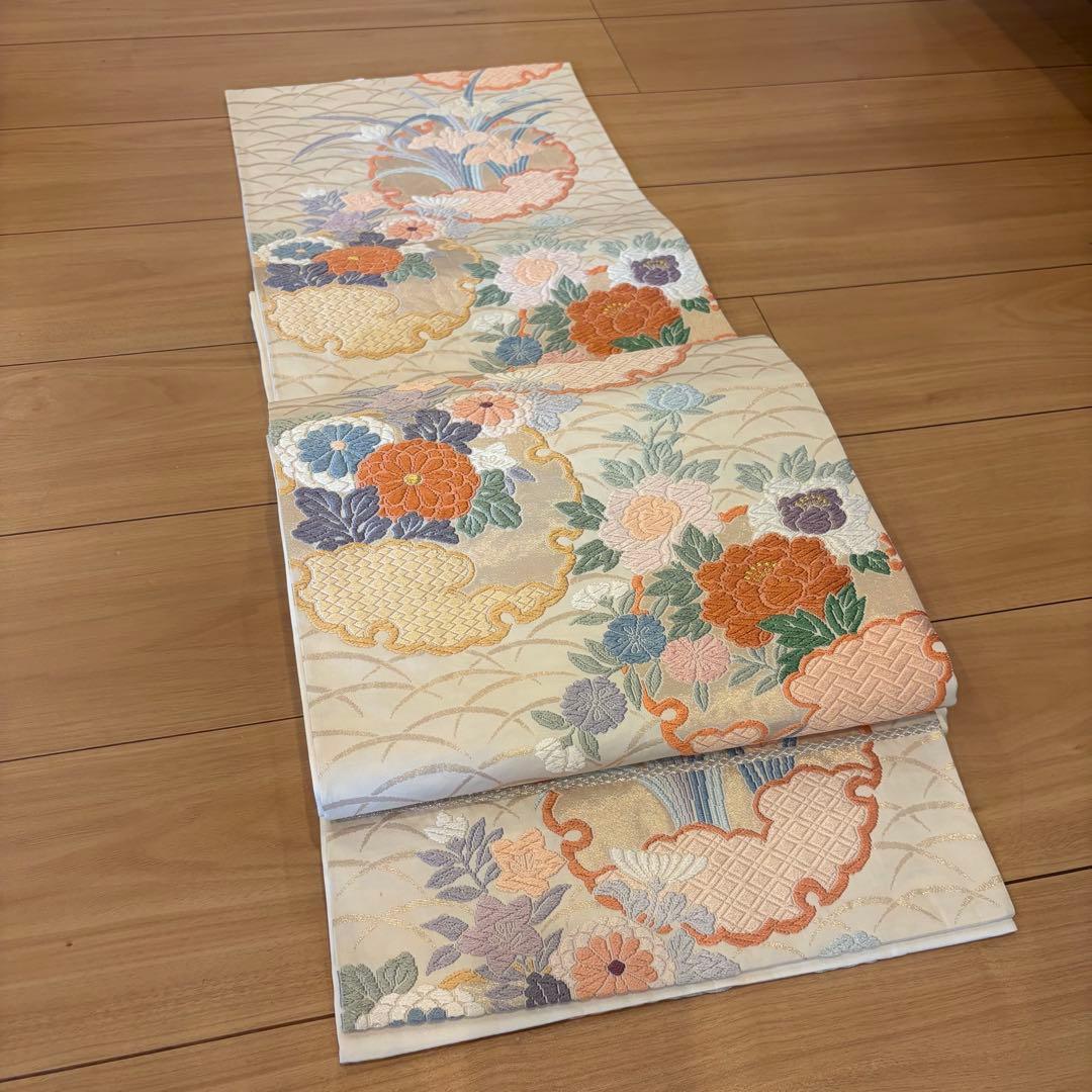 袋帯 花柄刺繍 ベージュ系 - メルカリ