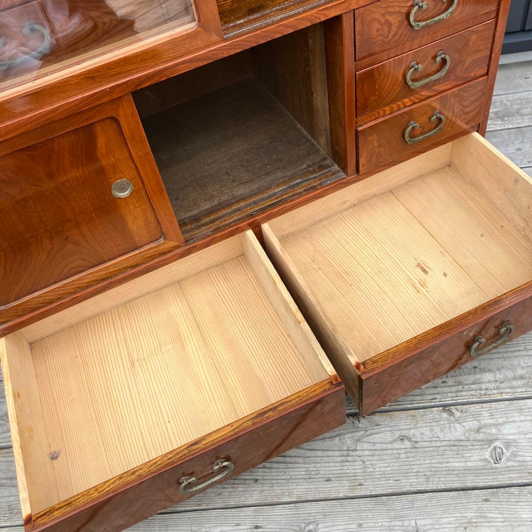 昭和レトロ 無垢材 茶棚 茶箪笥 ガラス戸 サイドボード 古家具 古民家