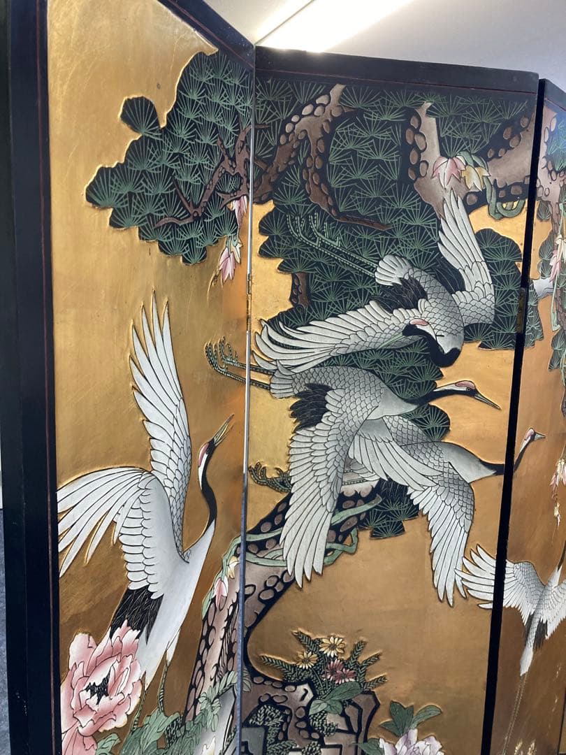 TI様専用】中国骨董貴重品！ 美しい鶴と花の屏風 四つ折り I-607