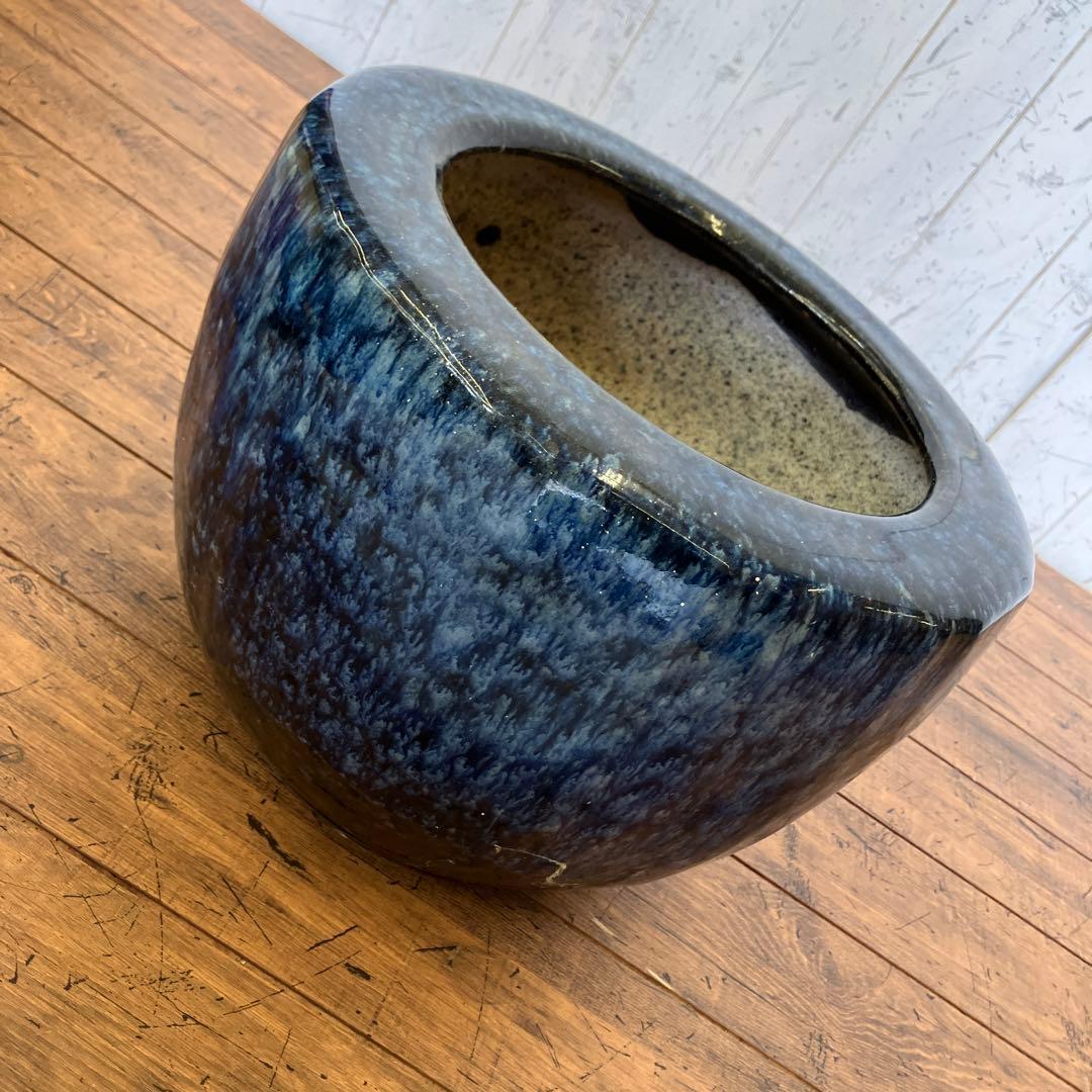 昭和レトロ 樽岡焼 海鼠釉 火鉢 睡蓮鉢 メダカ鉢 金魚鉢 骨董 インテリア