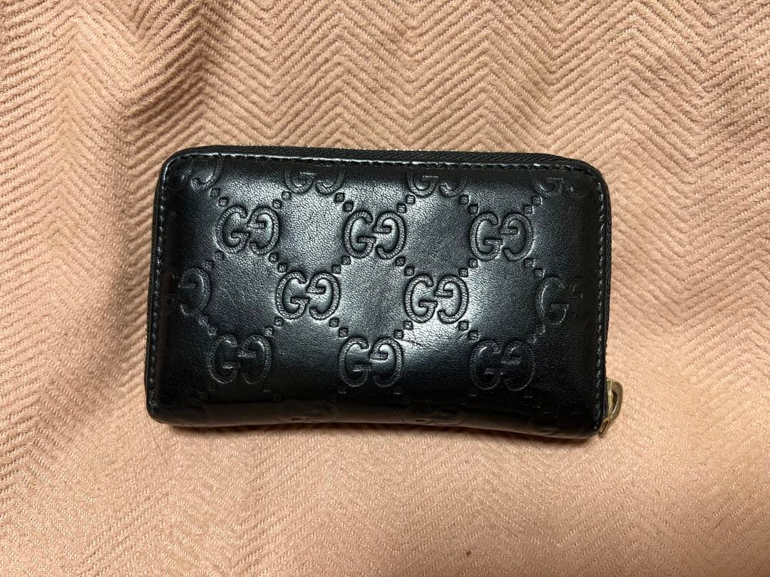 GUCCI 2484 ケース シマ ラウンドファスナー 黒 レザー