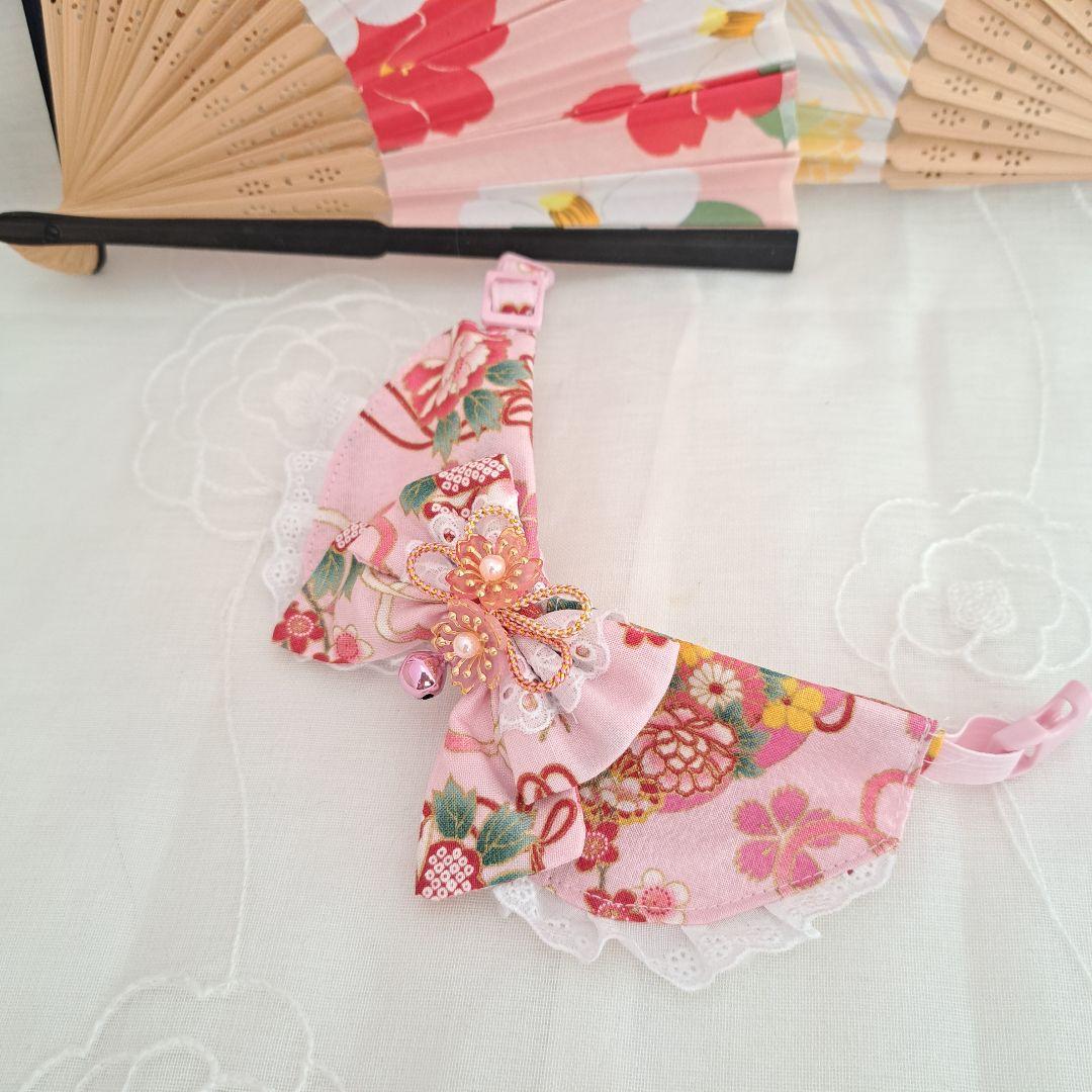 和風(ピンク)わんちゃん猫ちゃん用襟つき首輪 和風つまみ細工付き