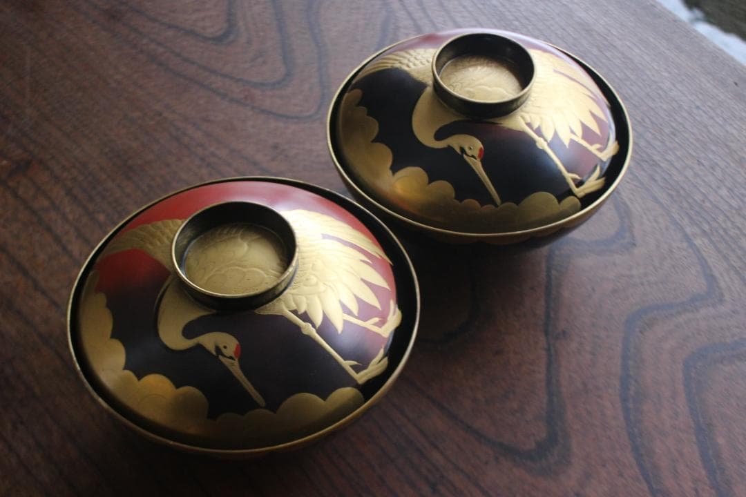 時代逸品！時代金縁黒漆に極上日の出鶴蒔絵の映えるお椀2点（