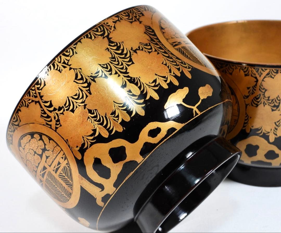 時代漆器 輪島塗 蝋色塗 糸櫻蒔絵 内金溜 盃洗 天然木 漆塗り 漆芸 時代箱