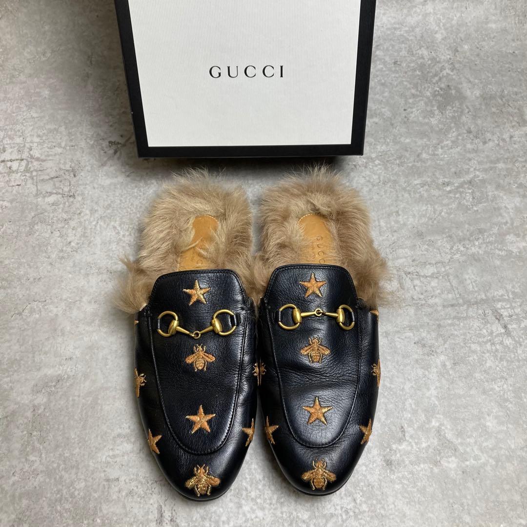 GUCCI グッチ プリンスタウン　37 エンブロイダリー　　ファー　ミュール