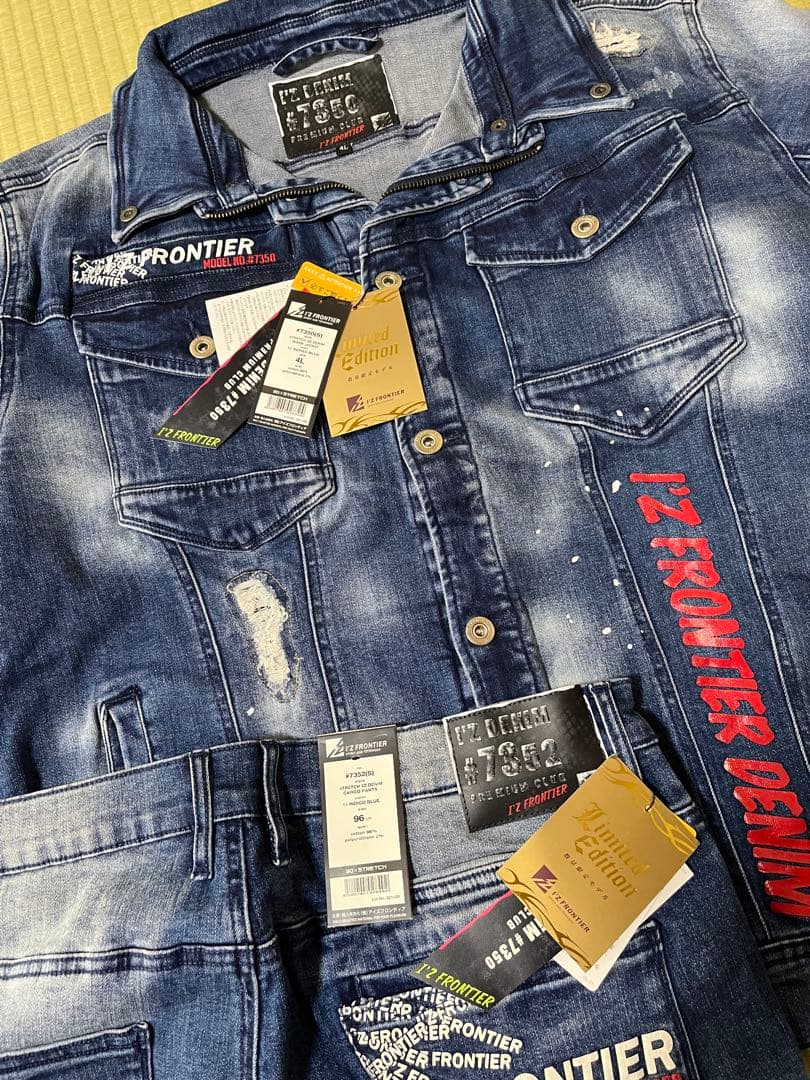 アイズフロンティア７３５０ＳデニムＧ４Ｌ寸カーゴパンツ96cm上下組インディゴ