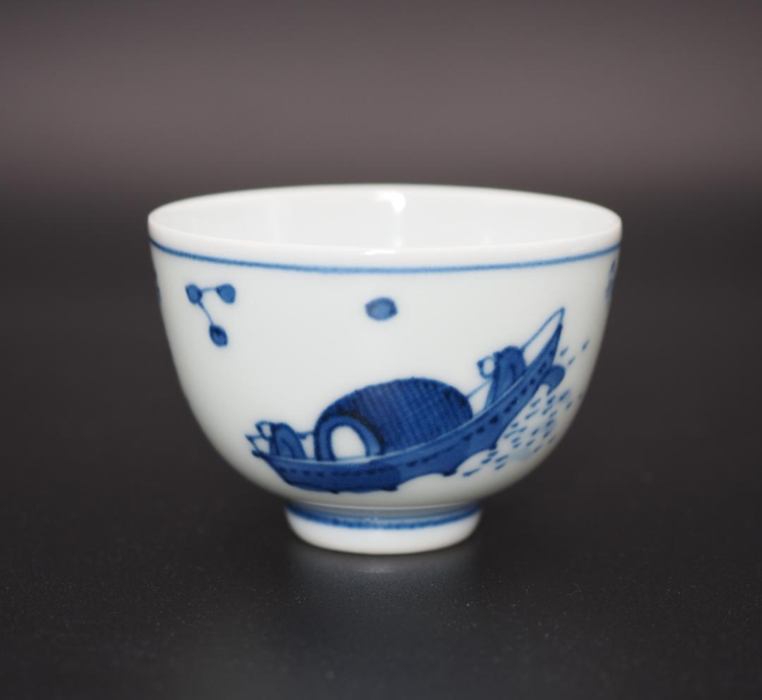 初代三浦竹泉 青華 漢詩 楓橋夜泊図 茶碗 6客 共箱/