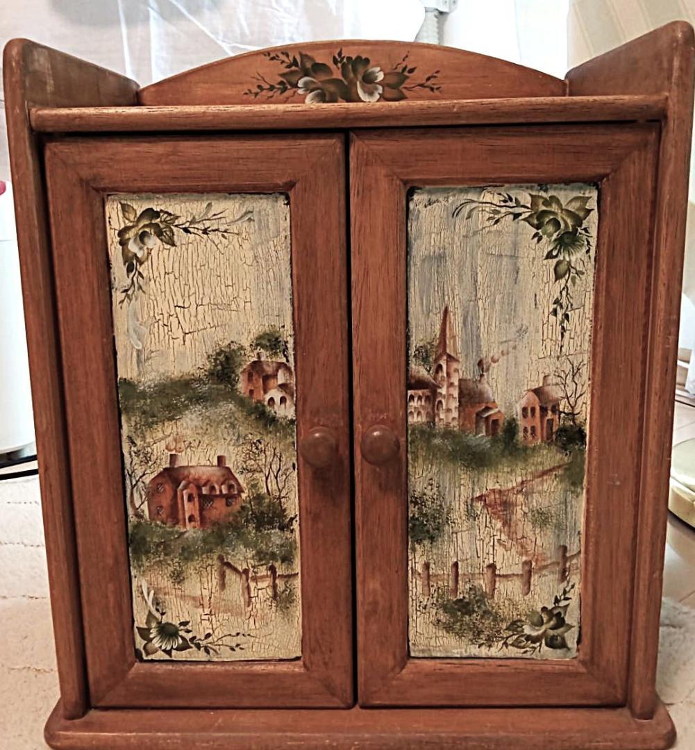 英国農村風景＆花木～本格トールペイント 希少/一点もの 収納BOX 美品