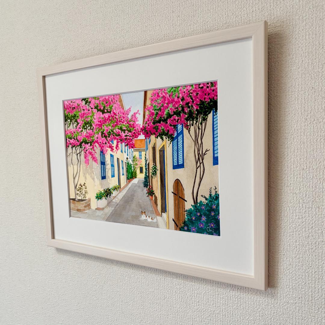 透明水彩画　原画　「花の咲く路地05」額縁付き　F4サイズ　風景画